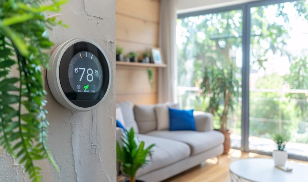 Smart thermostat set to 78 degrees in a bright, modern living room.