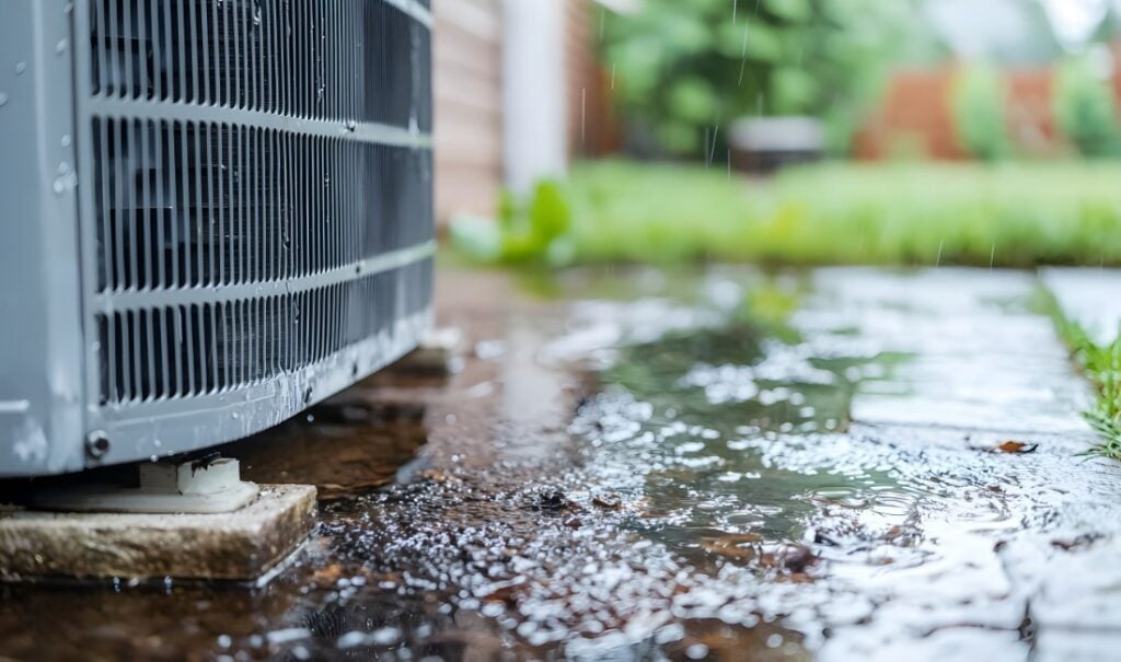 Rainwater pooling around an outdoor air conditioning unit during a storm.