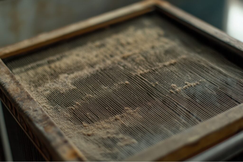Dirty air conditioning filter with heavy dust buildup indicating lack of maintenance.