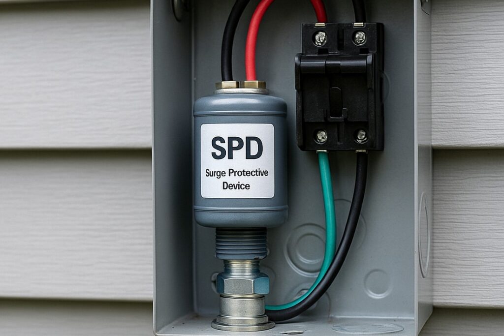 AC disconnect box with a mounted surge protective device and short red, black, and green leads.