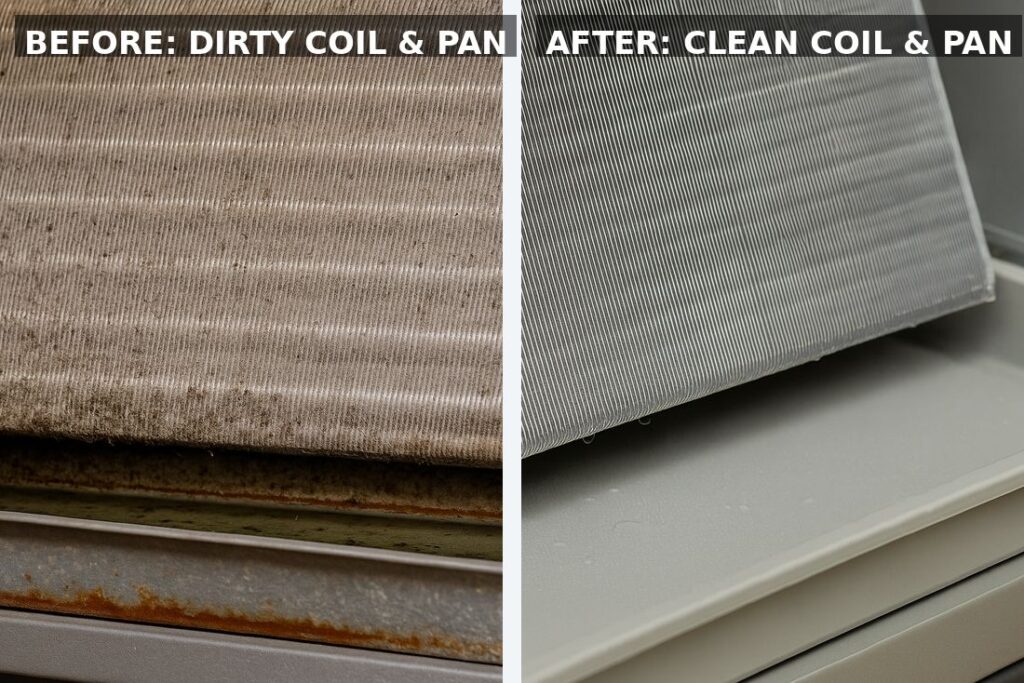 Before and after comparison of an evaporator coil and drain pan. Left shows the approved dirty coil and pan. Right shows a clean coil with a dry, clear pan.