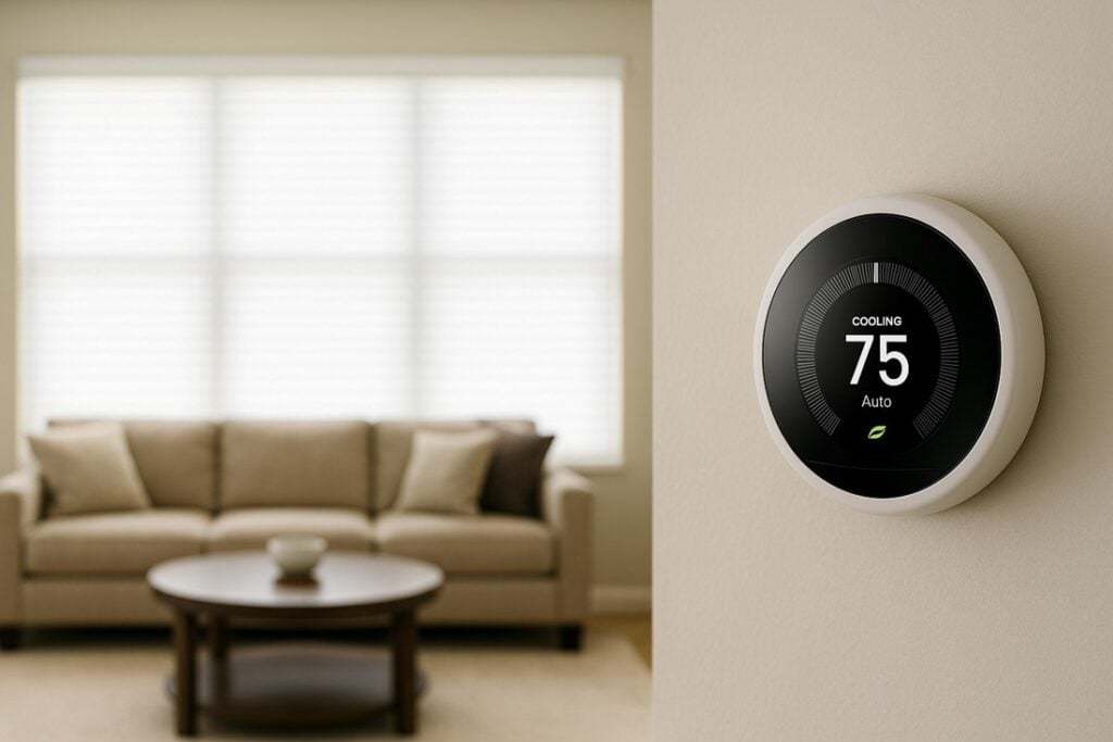 Smart thermostat set to Auto at 75 in a bright living room with blinds closed on a large window.