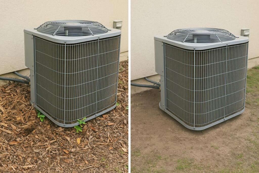 Side-by-side comparison of an outdoor AC unit surrounded by debris versus a cleared area.