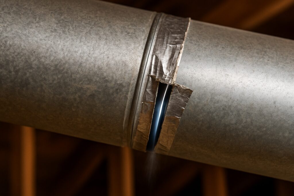 Exposed air duct joint with visible gap and deteriorated tape leaking air.