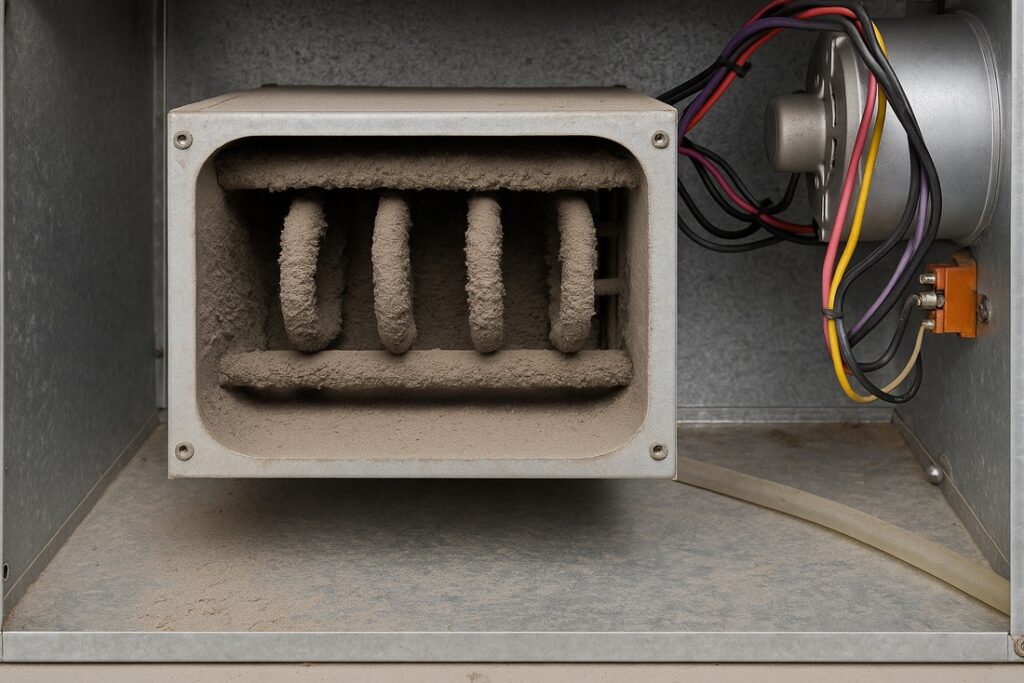 Dust buildup on an air handler heating element housing.