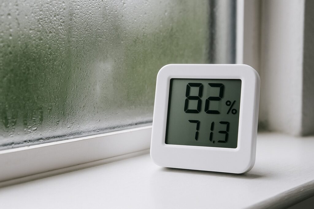 Digital hygrometer showing high indoor humidity beside a foggy window.