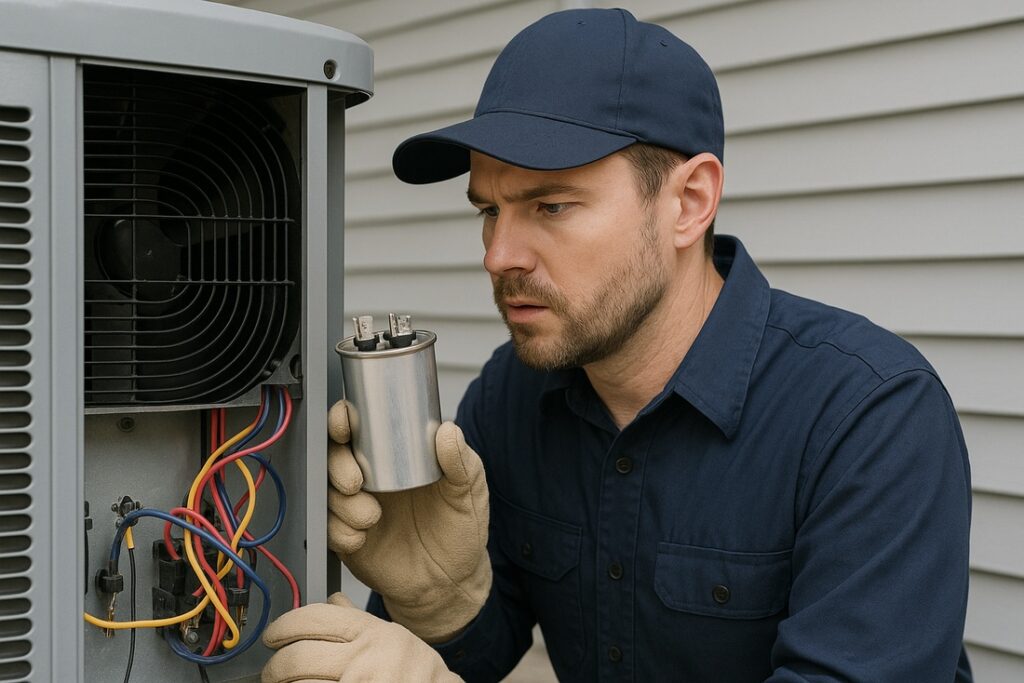 HVAC technician inspecting an AC capacitor inside an outdoor unit