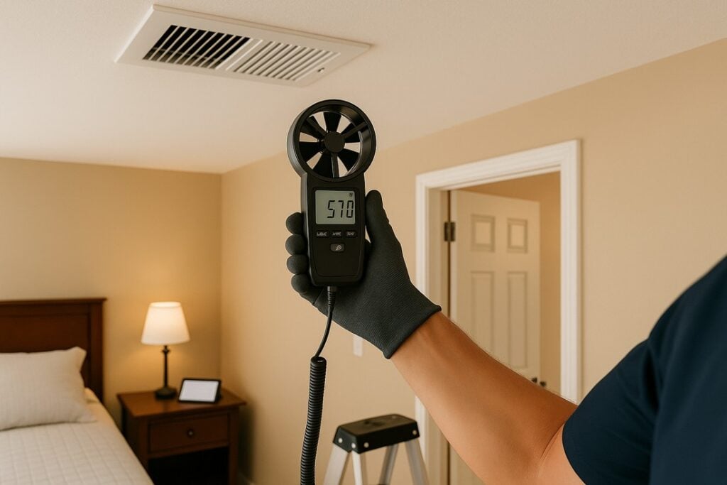 Handheld anemometer reading airflow at a bedroom register