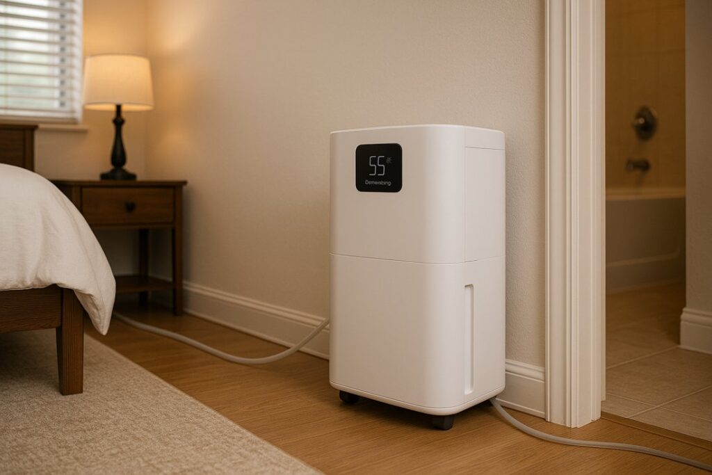 Portable dehumidifier in a bedroom with a drain hose routed to a nearby bath drain