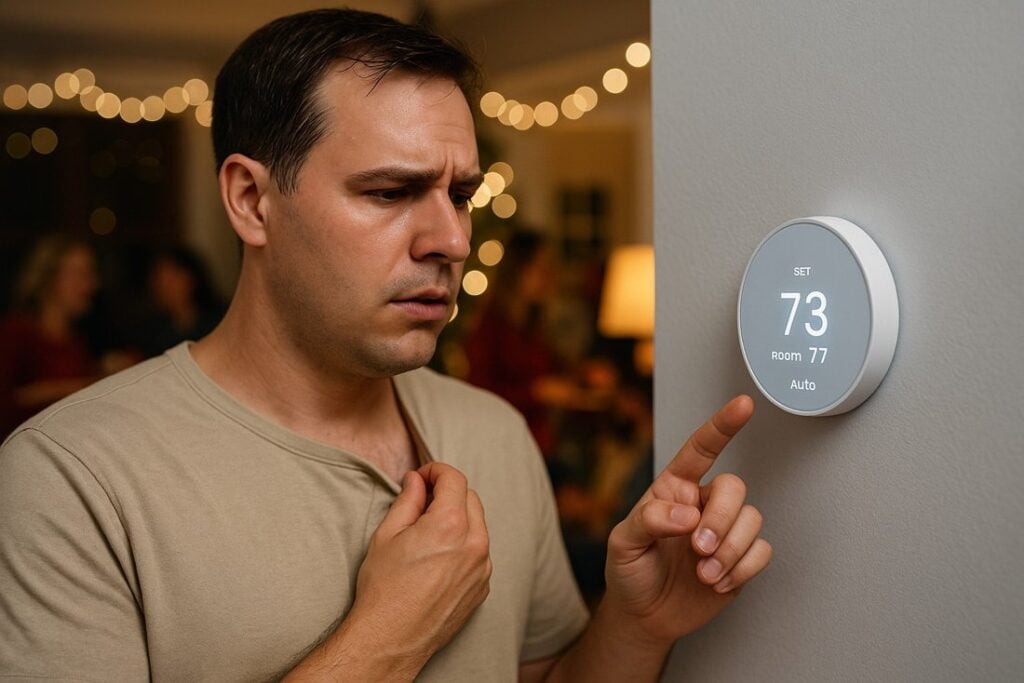 Homeowner feeling warm while checking a smart thermostat during a holiday gathering in a softly blurred living room background.