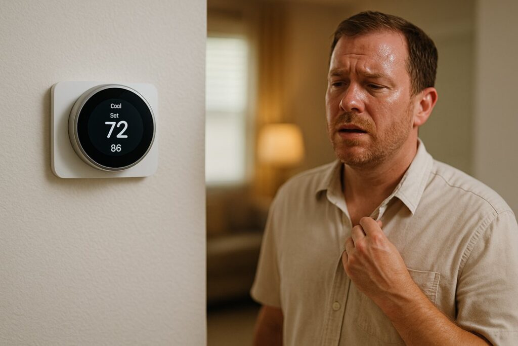 Homeowner visibly hot checking a thermostat set to 72 while the indoor reading shows 85