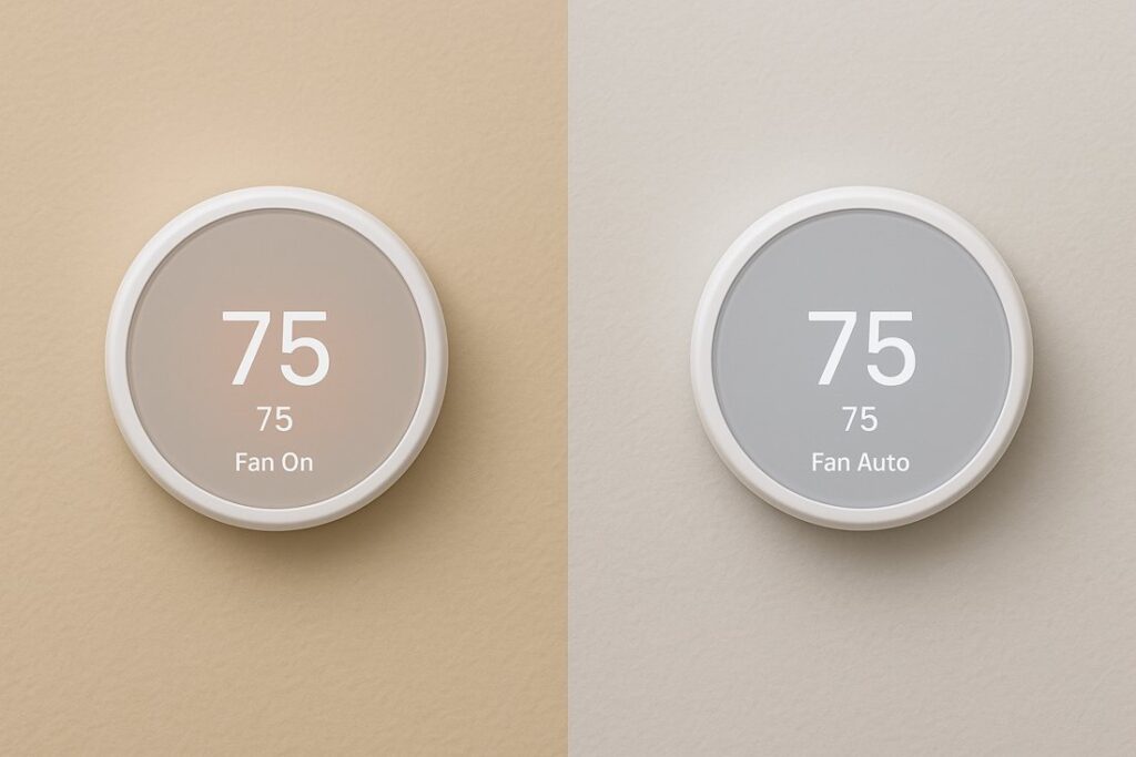 Split screen of a thermostat showing Fan On versus Fan Auto settings