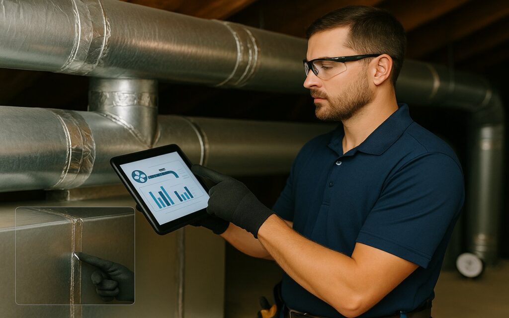 HVAC technician reviewing ductwork inspection data on a tablet in a clean attic with sealed metal ducts visible.